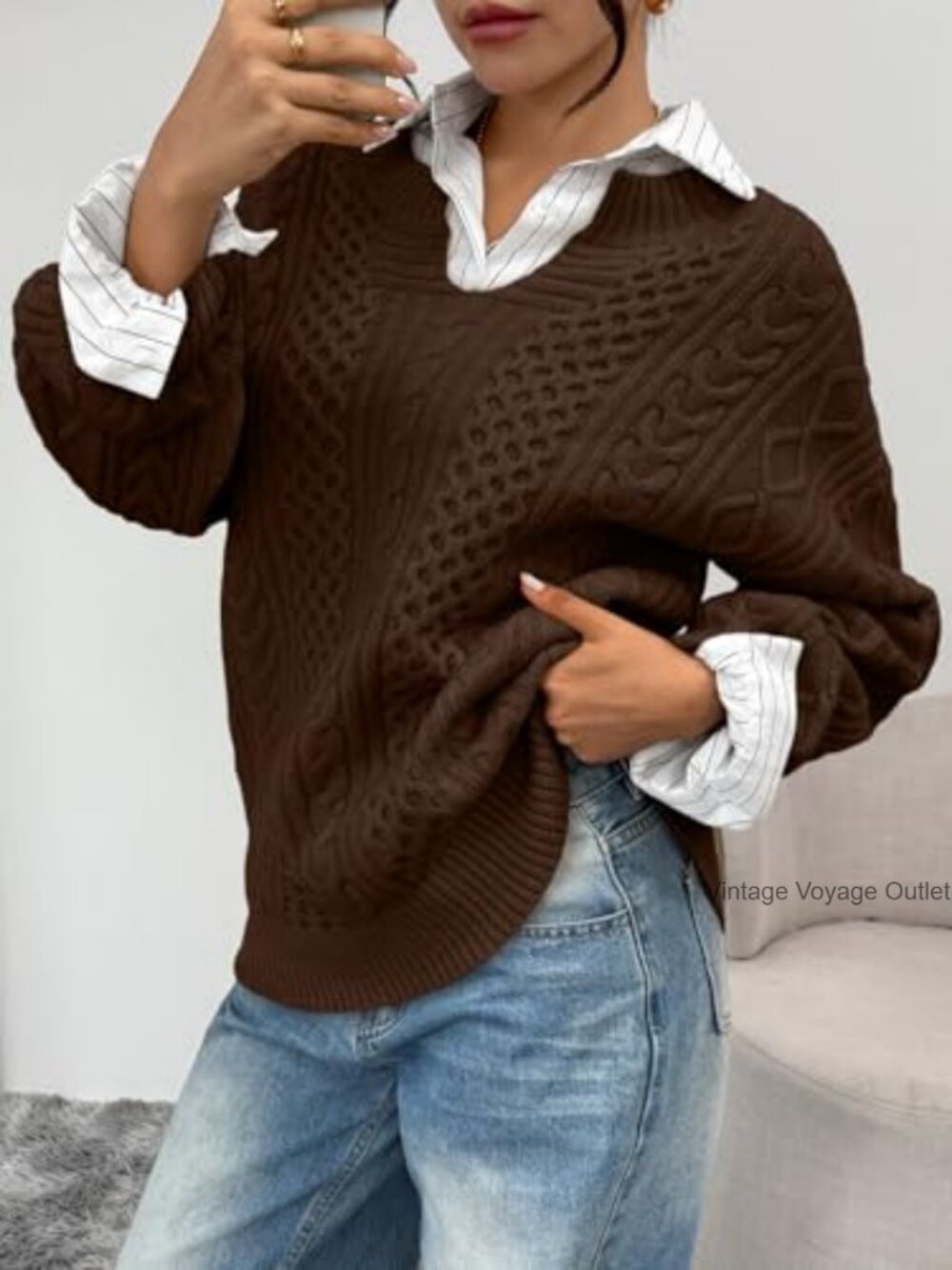 Oversized Cable Knit V-Neck Sweater Pullover Women's Winter Clothing - Picture 3 of 6